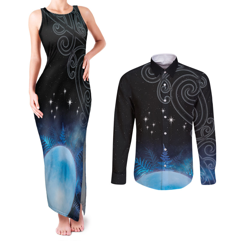 New Zealand Matariki Couples Matching Tank Maxi Dress and Long Sleeve Button Shirt Pleiades Star Cluster Blue Galaxy