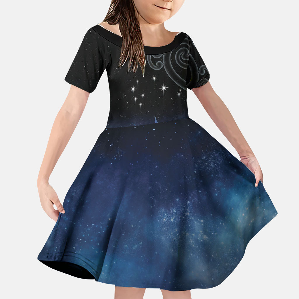 New Zealand Matariki Family Matching Off The Shoulder Long Sleeve Dress and Hawaiian Shirt Pleiades Star Cluster Blue Galaxy LT05 Daughter's Dress Blue - Polynesian Pride