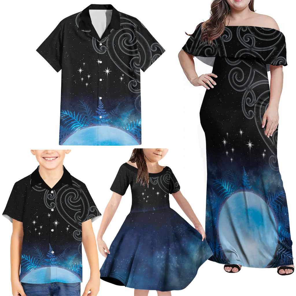 New Zealand Matariki Family Matching Off Shoulder Maxi Dress and Hawaiian Shirt Pleiades Star Cluster Blue Galaxy LT05 - Polynesian Pride