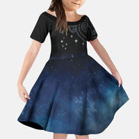 New Zealand Matariki Family Matching Off Shoulder Short Dress and Hawaiian Shirt Pleiades Star Cluster Blue Galaxy LT05 Daughter's Dress Blue - Polynesian Pride