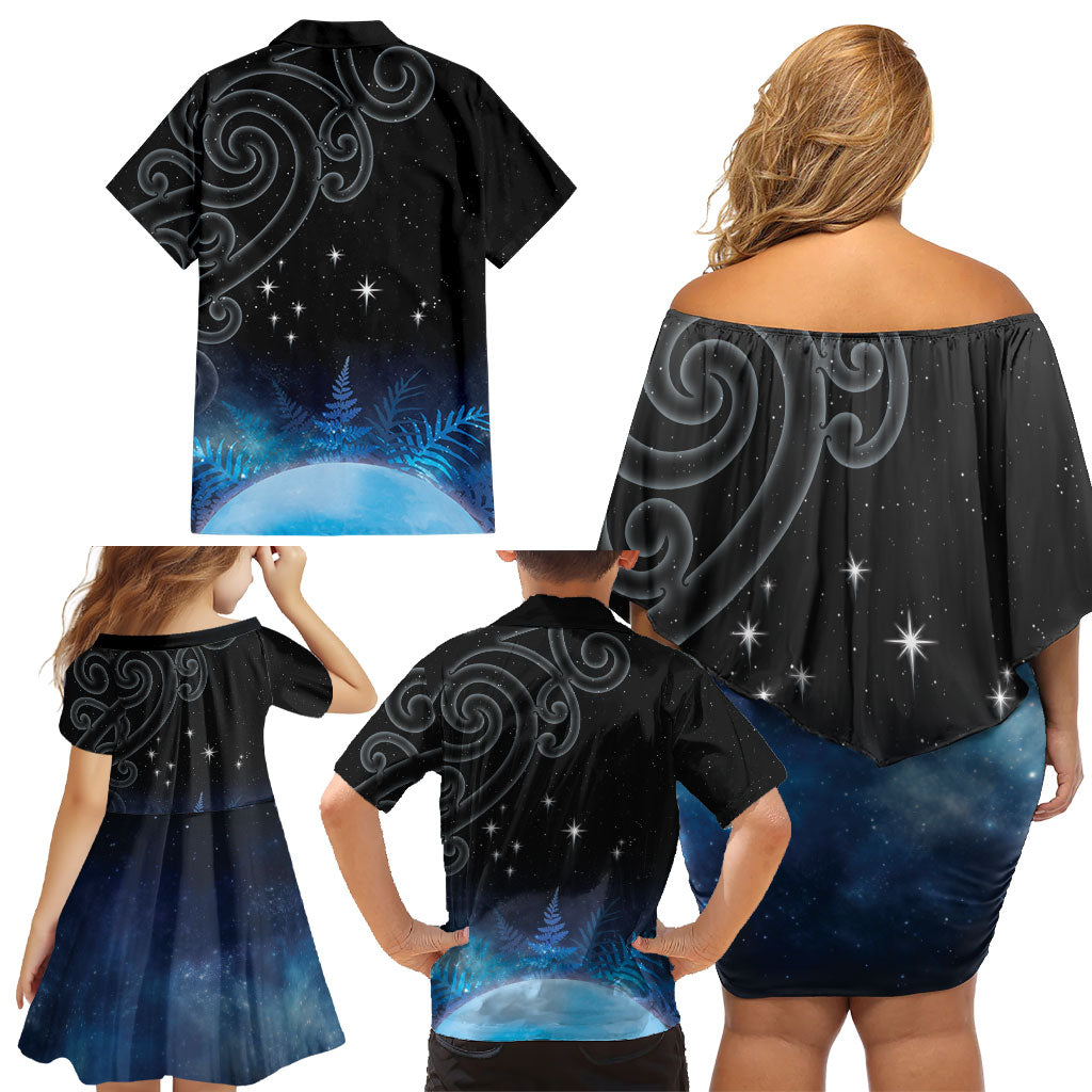 New Zealand Matariki Family Matching Off Shoulder Short Dress and Hawaiian Shirt Pleiades Star Cluster Blue Galaxy LT05 - Polynesian Pride