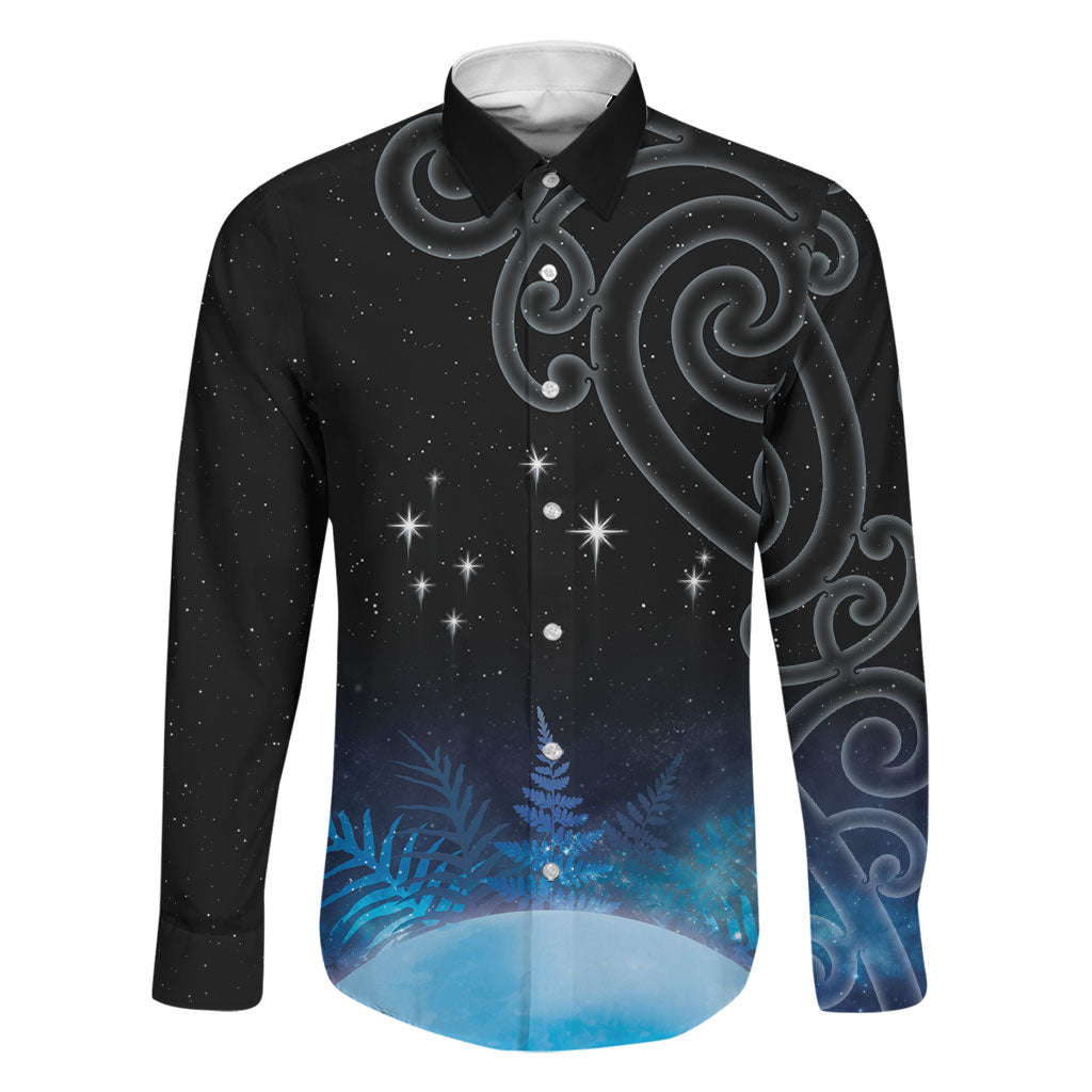 New Zealand Matariki Family Matching Off Shoulder Short Dress and Hawaiian Shirt Pleiades Star Cluster Blue Galaxy LT05 Dad's Shirt - Long Sleeve Blue - Polynesian Pride
