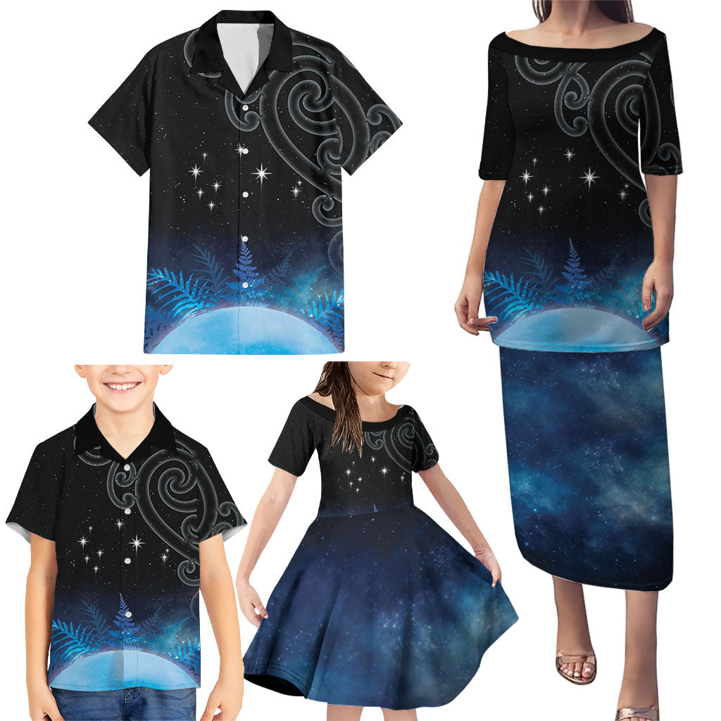 New Zealand Matariki Family Matching Puletasi and Hawaiian Shirt Pleiades Star Cluster Blue Galaxy LT05 - Polynesian Pride