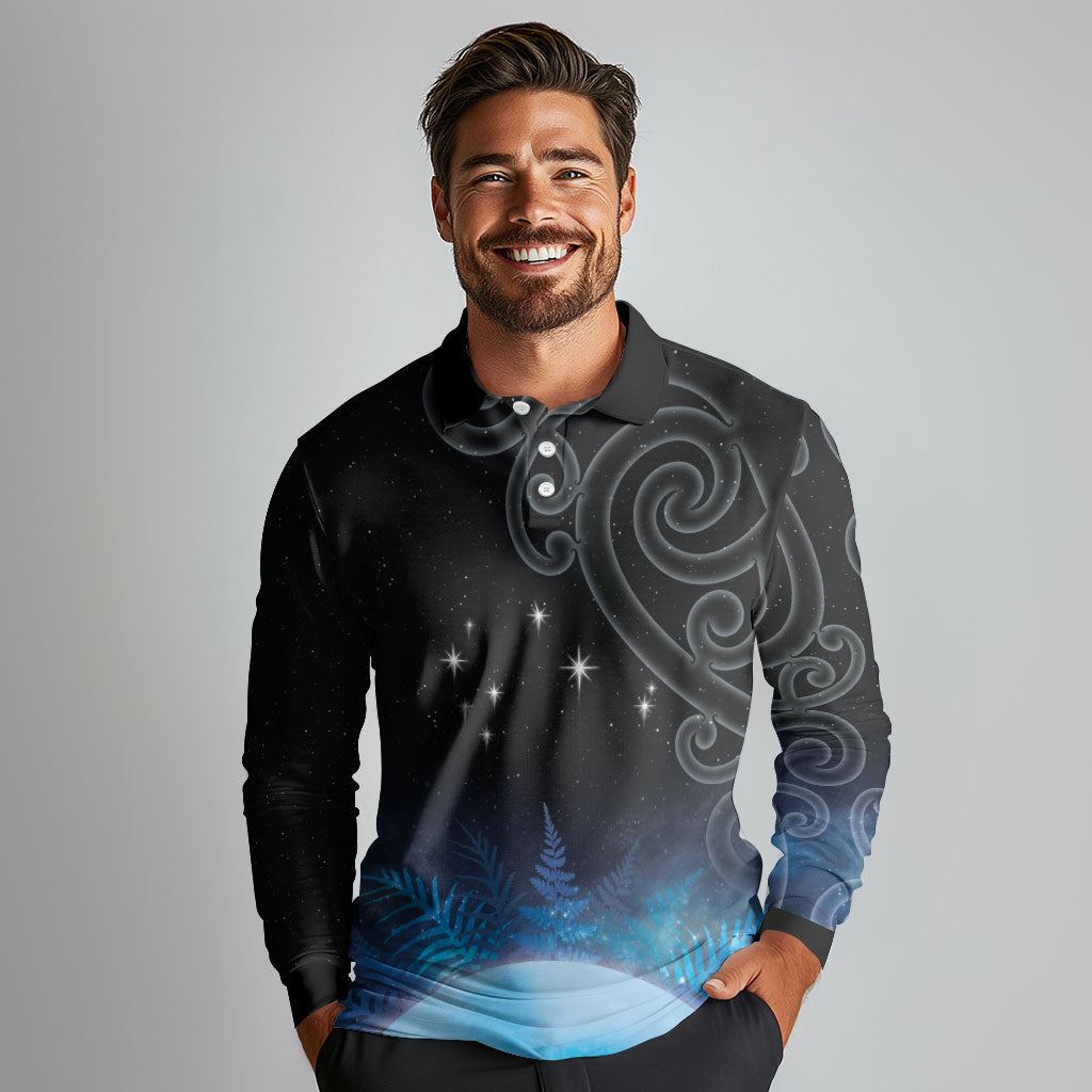 New Zealand Matariki Long Sleeve Polo Shirt Pleiades Star Cluster Blue Galaxy LT05 - Polynesian Pride