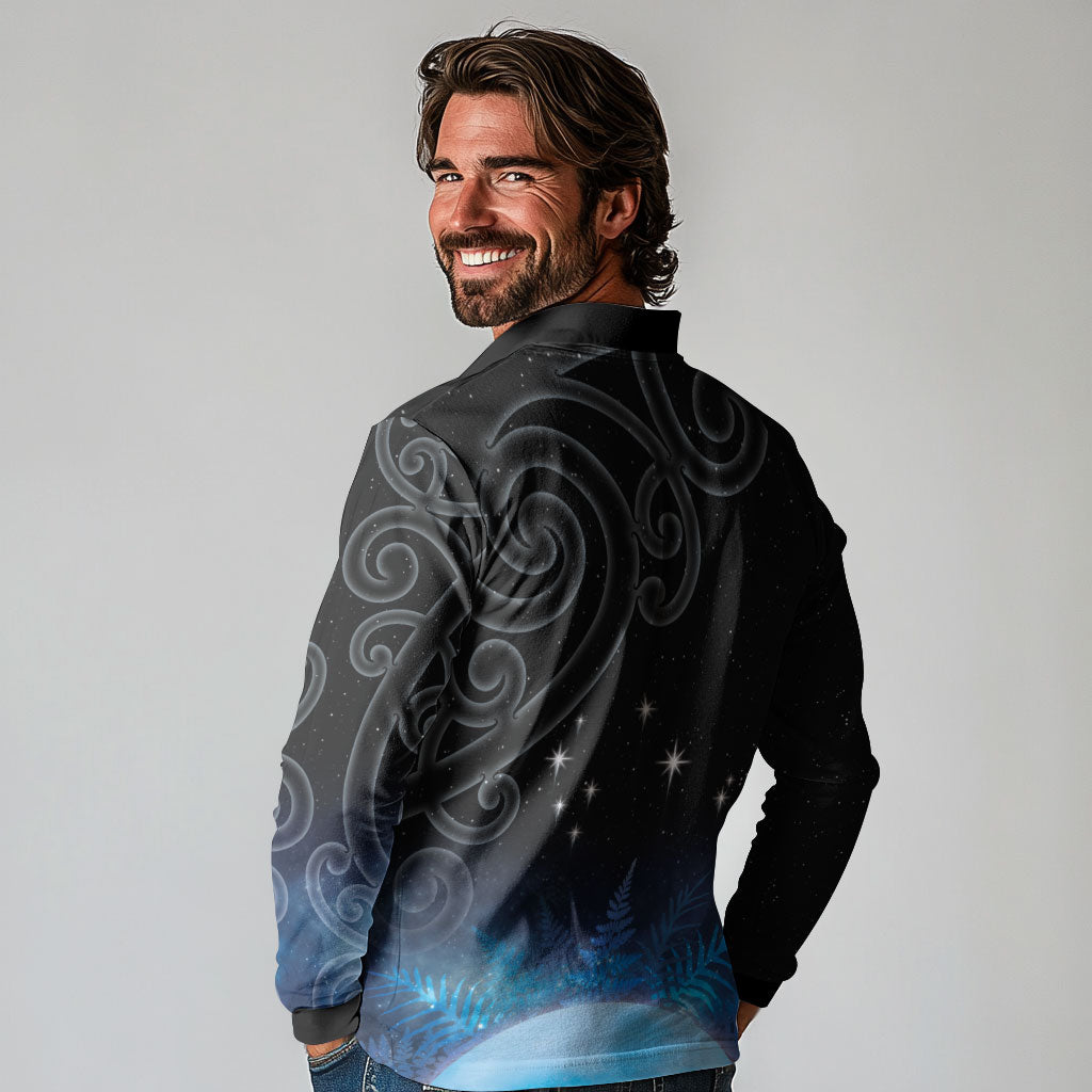 New Zealand Matariki Long Sleeve Polo Shirt Pleiades Star Cluster Blue Galaxy LT05 - Polynesian Pride
