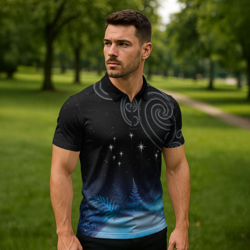 New Zealand Matariki Zipper Polo Shirt Pleiades Star Cluster Blue Galaxy LT05 - Polynesian Pride