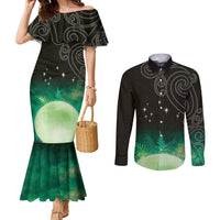 New Zealand Matariki Couples Matching Mermaid Dress and Long Sleeve Button Shirt Pleiades Star Cluster Green Galaxy LT05 Green - Polynesian Pride