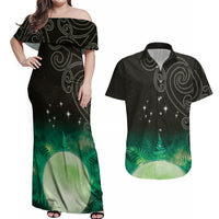 New Zealand Matariki Couples Matching Off Shoulder Maxi Dress and Hawaiian Shirt Pleiades Star Cluster Green Galaxy LT05 Green - Polynesian Pride
