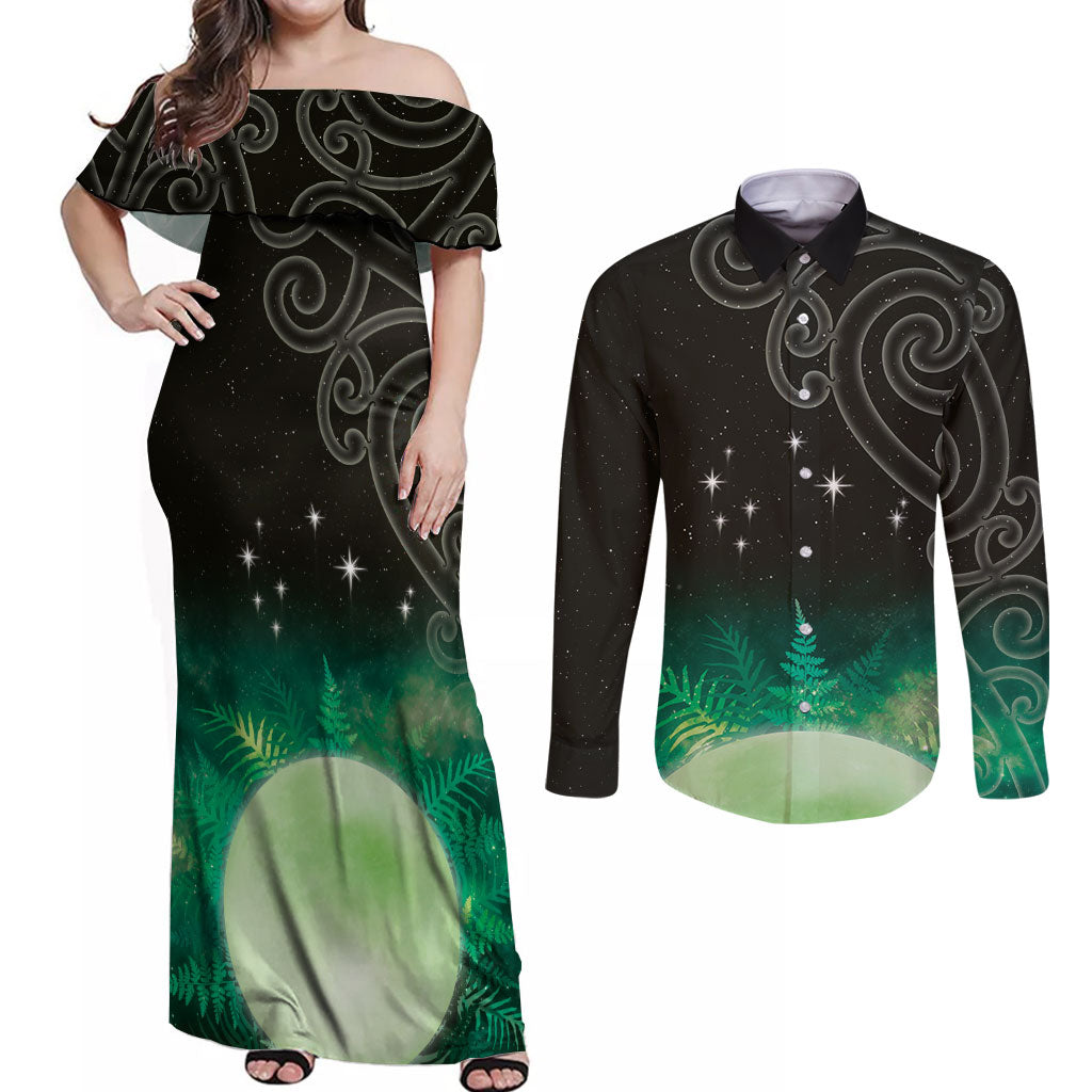 New Zealand Matariki Couples Matching Off Shoulder Maxi Dress and Long Sleeve Button Shirt Pleiades Star Cluster Green Galaxy LT05 Green - Polynesian Pride