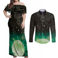 New Zealand Matariki Couples Matching Off Shoulder Maxi Dress and Long Sleeve Button Shirt Pleiades Star Cluster Green Galaxy LT05 Green - Polynesian Pride