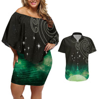 New Zealand Matariki Couples Matching Off Shoulder Short Dress and Hawaiian Shirt Pleiades Star Cluster Green Galaxy