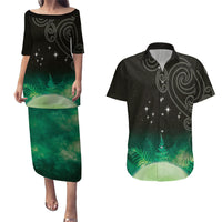 New Zealand Matariki Couples Matching Puletasi and Hawaiian Shirt Pleiades Star Cluster Green Galaxy