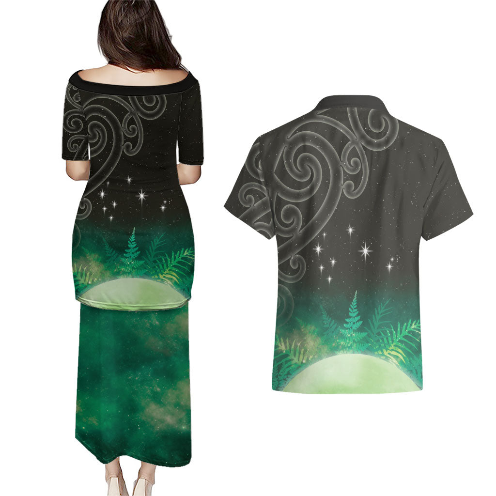 New Zealand Matariki Couples Matching Puletasi and Hawaiian Shirt Pleiades Star Cluster Green Galaxy