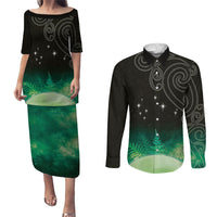 New Zealand Matariki Couples Matching Puletasi and Long Sleeve Button Shirt Pleiades Star Cluster Green Galaxy LT05 Green - Polynesian Pride