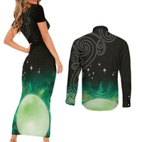 New Zealand Matariki Couples Matching Short Sleeve Bodycon Dress and Long Sleeve Button Shirt Pleiades Star Cluster Green Galaxy