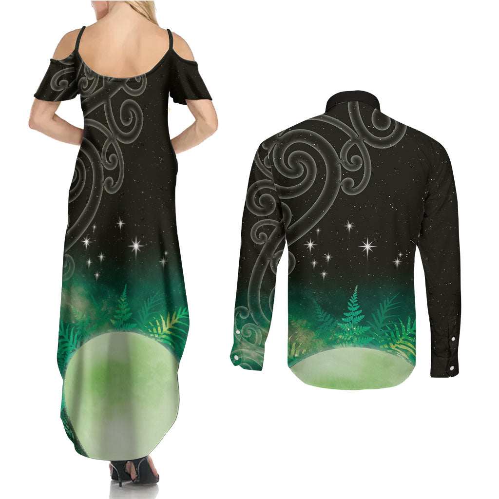 New Zealand Matariki Couples Matching Summer Maxi Dress and Long Sleeve Button Shirt Pleiades Star Cluster Green Galaxy LT05 - Polynesian Pride