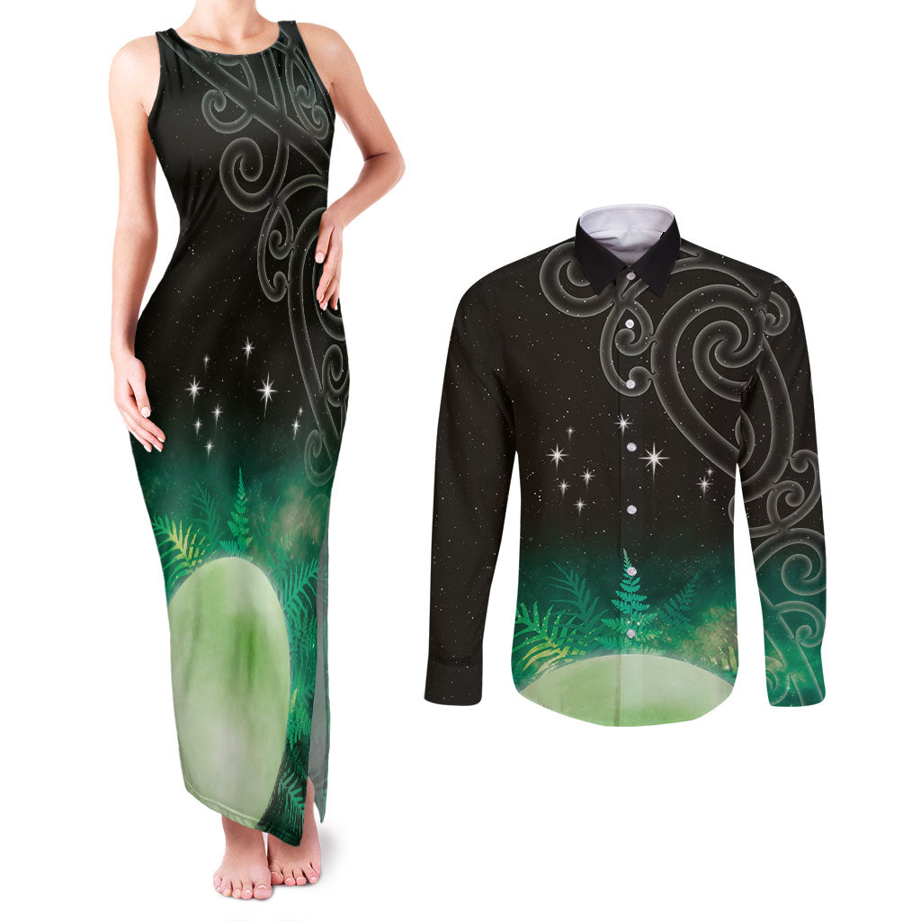 New Zealand Matariki Couples Matching Tank Maxi Dress and Long Sleeve Button Shirt Pleiades Star Cluster Green Galaxy
