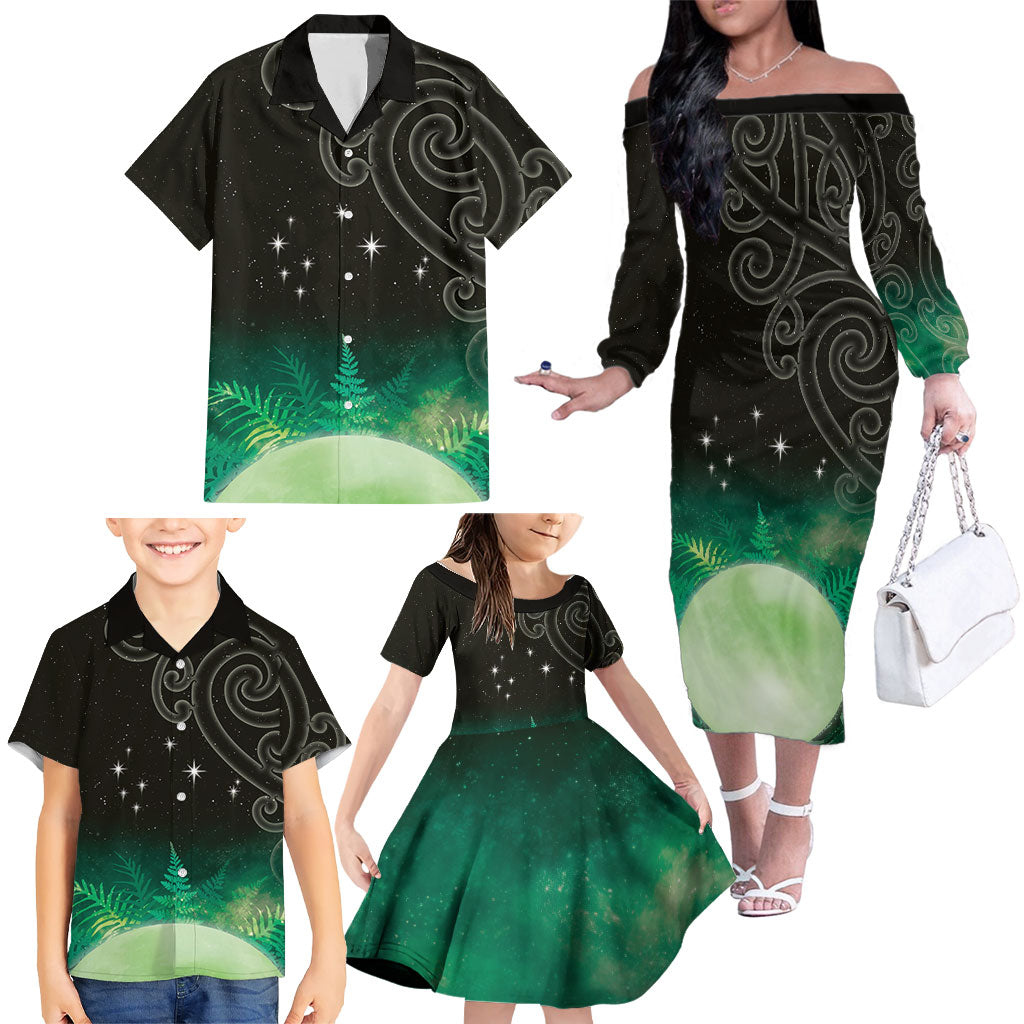 New Zealand Matariki Family Matching Off The Shoulder Long Sleeve Dress and Hawaiian Shirt Pleiades Star Cluster Green Galaxy LT05 - Polynesian Pride