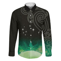 New Zealand Matariki Family Matching Off The Shoulder Long Sleeve Dress and Hawaiian Shirt Pleiades Star Cluster Green Galaxy LT05 Dad's Shirt - Long Sleeve Green - Polynesian Pride