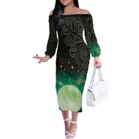 New Zealand Matariki Family Matching Off The Shoulder Long Sleeve Dress and Hawaiian Shirt Pleiades Star Cluster Green Galaxy LT05 Mom's Dress Green - Polynesian Pride
