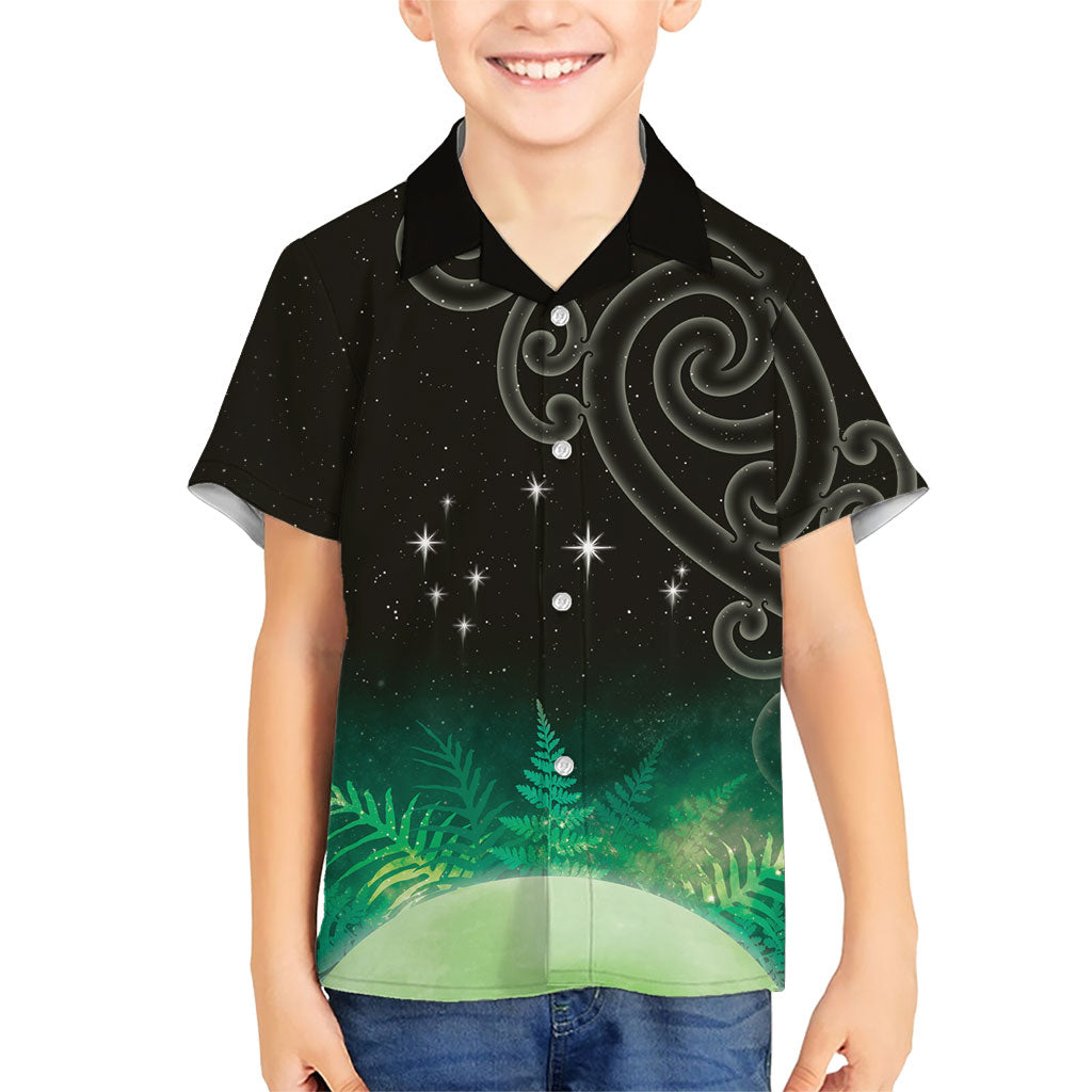 New Zealand Matariki Family Matching Off The Shoulder Long Sleeve Dress and Hawaiian Shirt Pleiades Star Cluster Green Galaxy LT05 Son's Shirt Green - Polynesian Pride