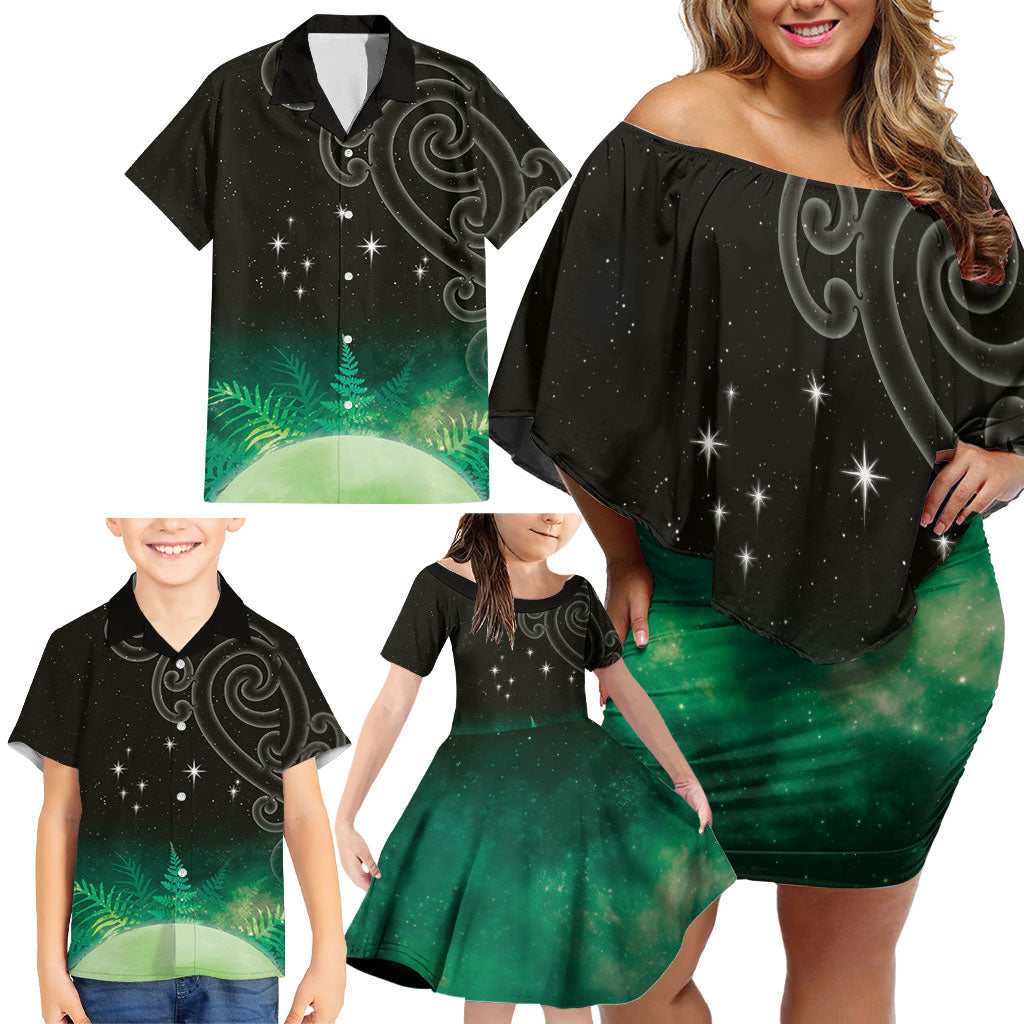 New Zealand Matariki Family Matching Off Shoulder Short Dress and Hawaiian Shirt Pleiades Star Cluster Green Galaxy LT05 - Polynesian Pride