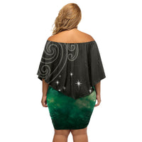 New Zealand Matariki Family Matching Off Shoulder Short Dress and Hawaiian Shirt Pleiades Star Cluster Green Galaxy LT05 - Polynesian Pride