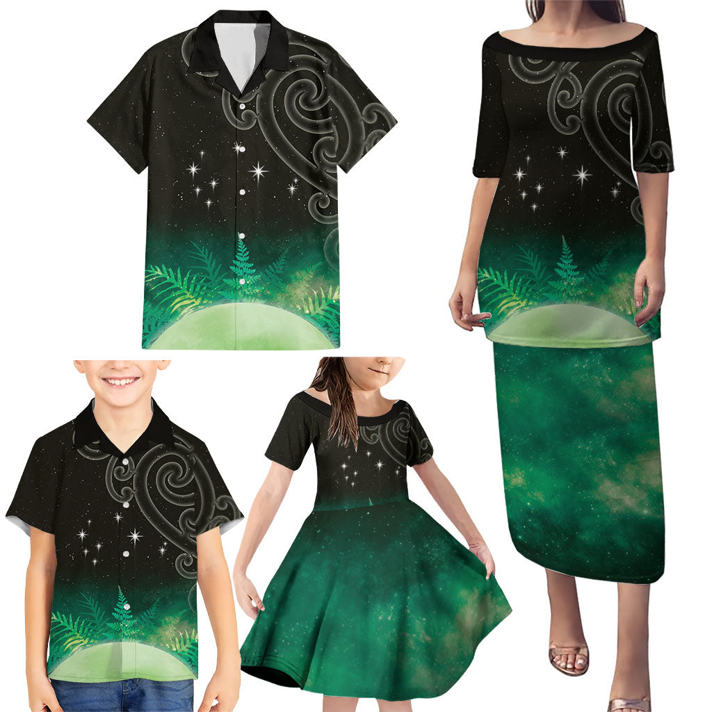 New Zealand Matariki Family Matching Puletasi and Hawaiian Shirt Pleiades Star Cluster Green Galaxy LT05 - Polynesian Pride