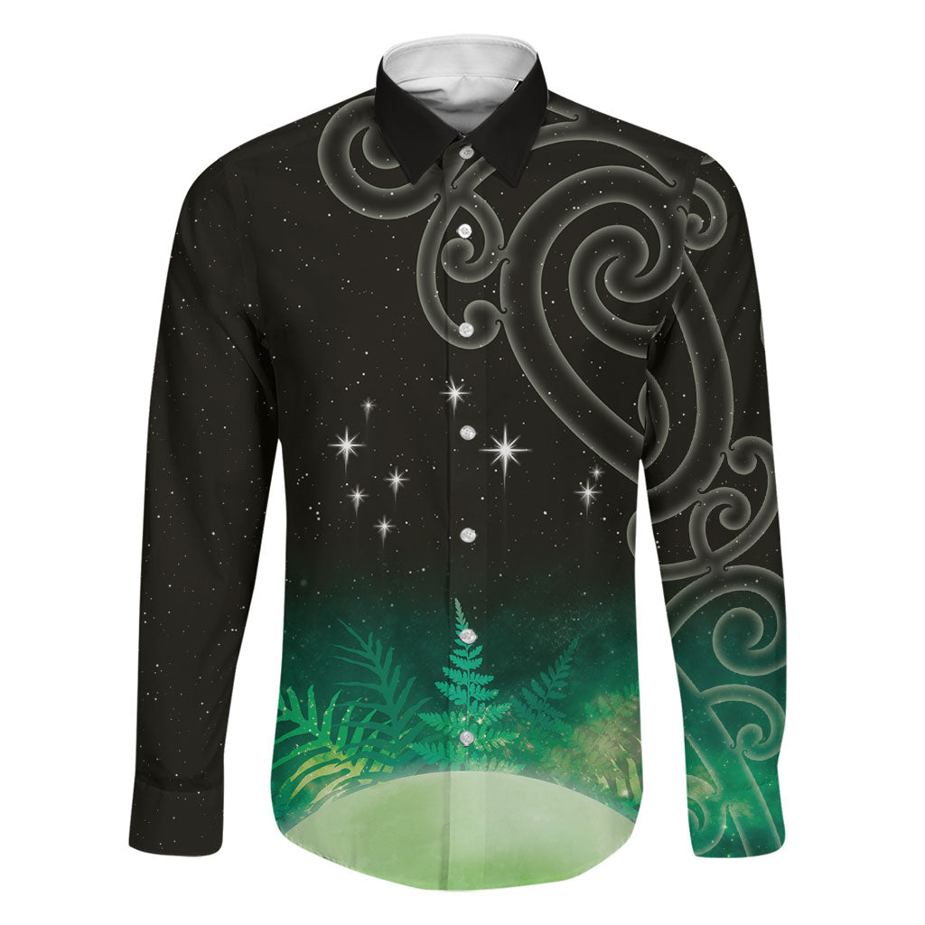 New Zealand Matariki Family Matching Puletasi and Hawaiian Shirt Pleiades Star Cluster Green Galaxy LT05 Dad's Shirt - Long Sleeve Green - Polynesian Pride