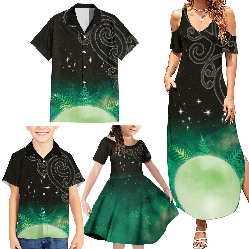 New Zealand Matariki Family Matching Summer Maxi Dress and Hawaiian Shirt Pleiades Star Cluster Green Galaxy LT05 - Polynesian Pride