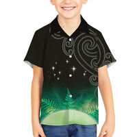 New Zealand Matariki Family Matching Summer Maxi Dress and Hawaiian Shirt Pleiades Star Cluster Green Galaxy LT05 Son's Shirt Green - Polynesian Pride