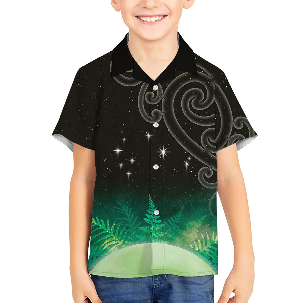 New Zealand Matariki Family Matching Tank Maxi Dress and Hawaiian Shirt Pleiades Star Cluster Green Galaxy LT05 Son's Shirt Green - Polynesian Pride
