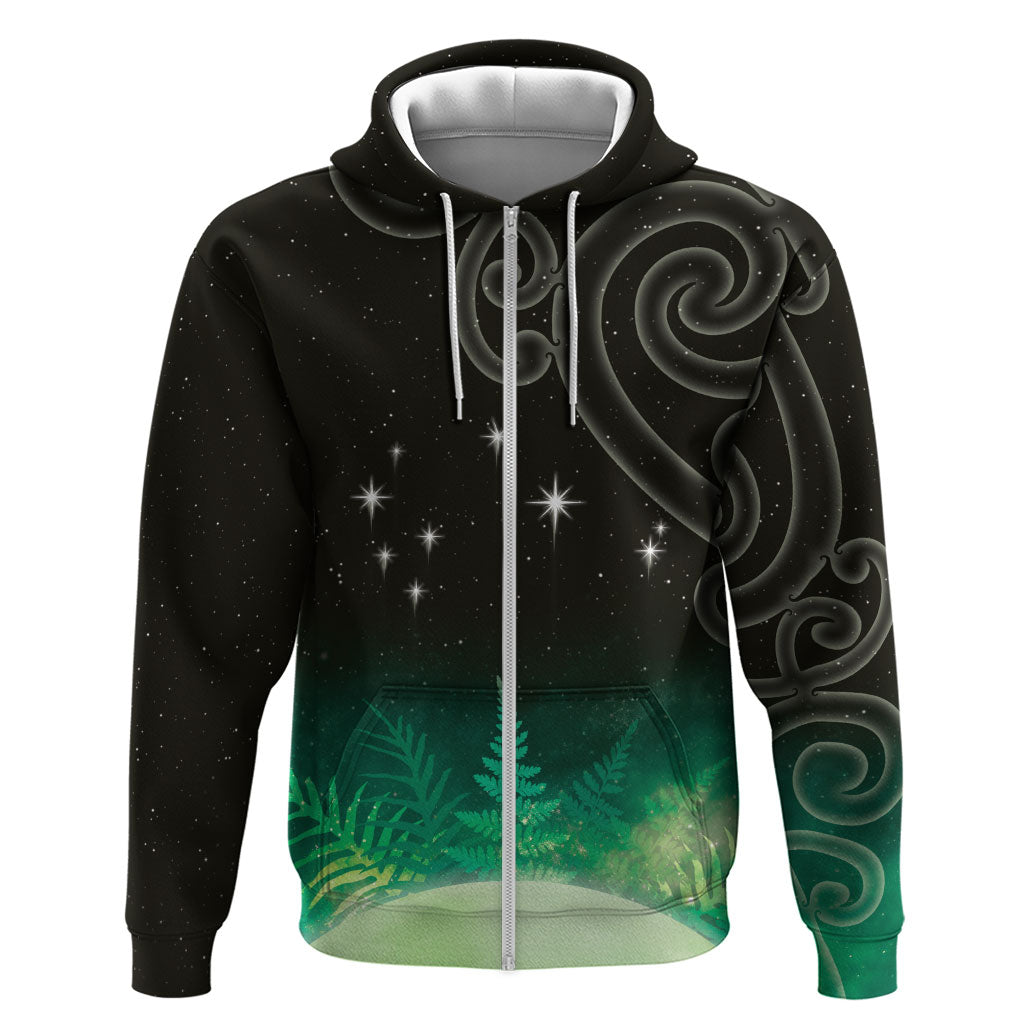 New Zealand Matariki Hoodie Pleiades Star Cluster Green Galaxy LT05 Zip Hoodie Green - Polynesian Pride