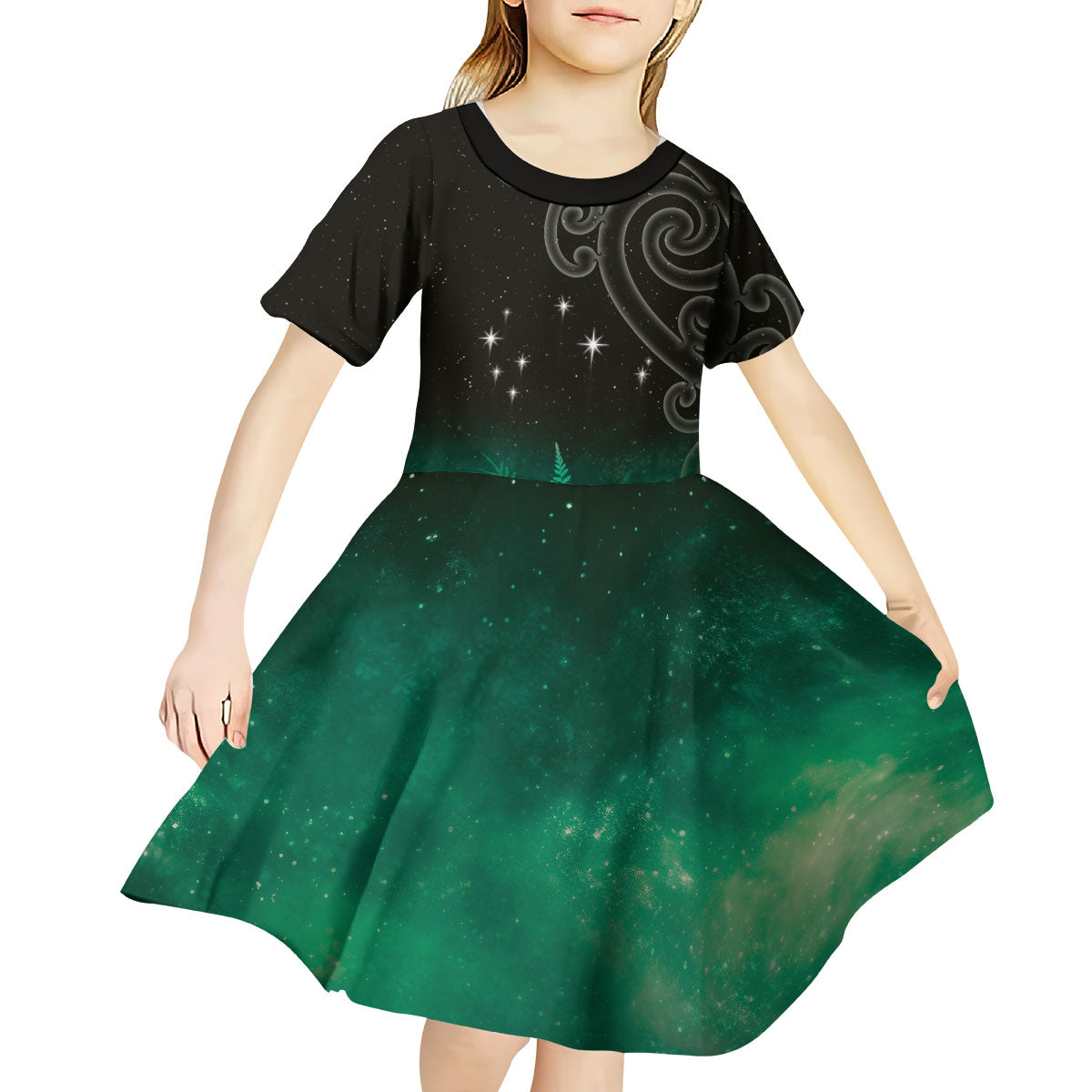New Zealand Matariki Kid Short Sleeve Dress Pleiades Star Cluster Green Galaxy