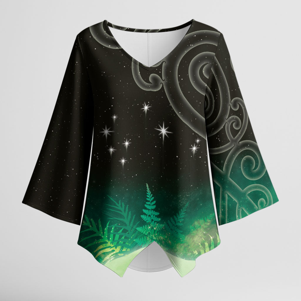 New Zealand Matariki Kimono Sleeve Blouse Pleiades Star Cluster Green Galaxy LT05 Female Green - Polynesian Pride