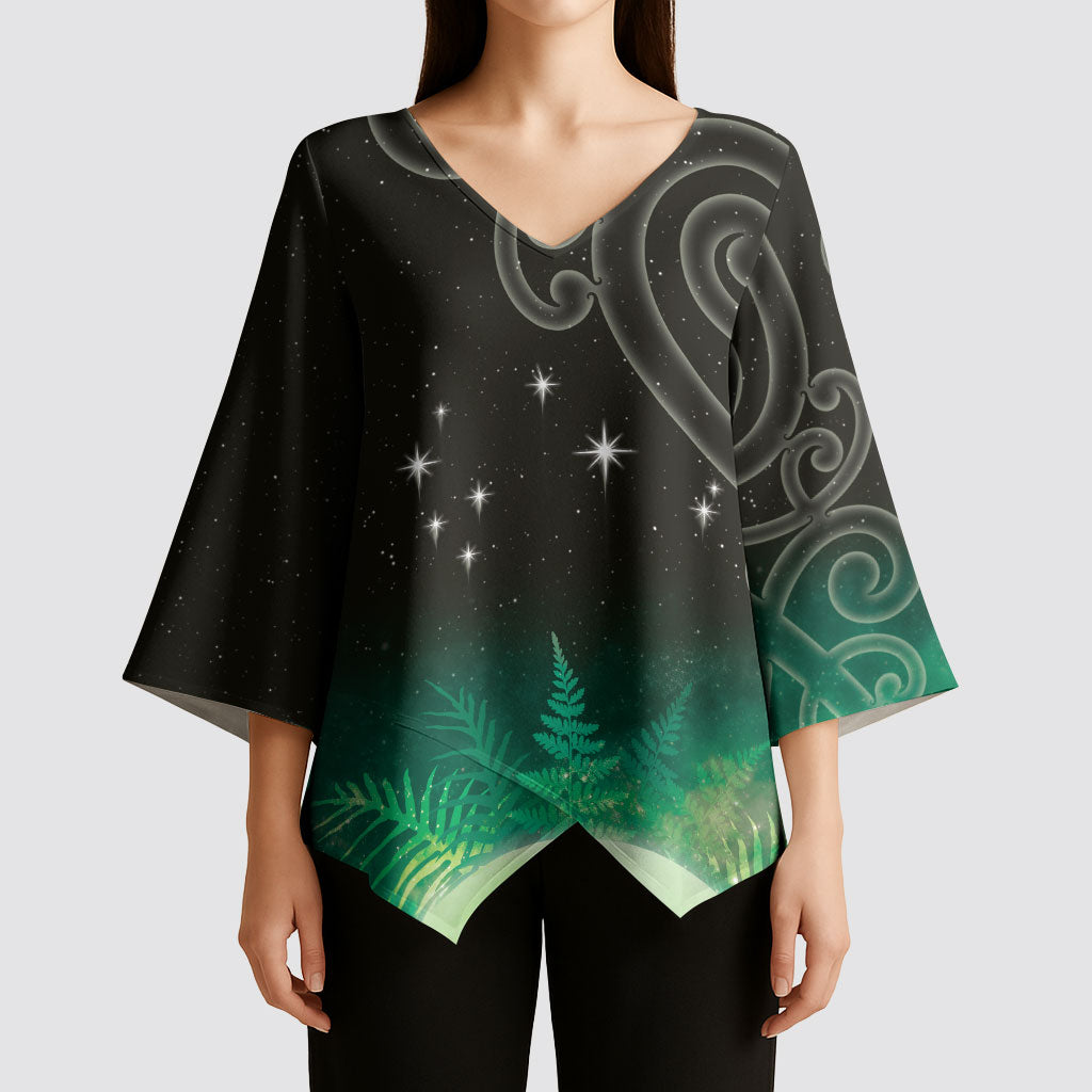 New Zealand Matariki Kimono Sleeve Blouse Pleiades Star Cluster Green Galaxy LT05 - Polynesian Pride