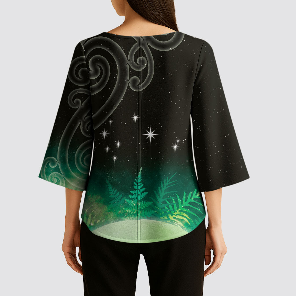 New Zealand Matariki Kimono Sleeve Blouse Pleiades Star Cluster Green Galaxy LT05 - Polynesian Pride