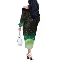 New Zealand Matariki Off The Shoulder Long Sleeve Dress Pleiades Star Cluster Green Galaxy LT05 - Polynesian Pride