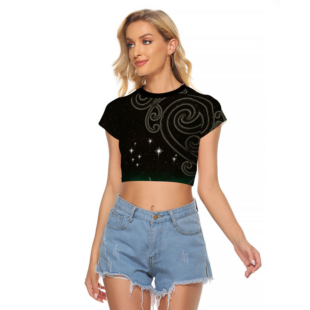 New Zealand Matariki Raglan Cropped T Shirt Pleiades Star Cluster Green Galaxy LT05 Female Green - Polynesian Pride