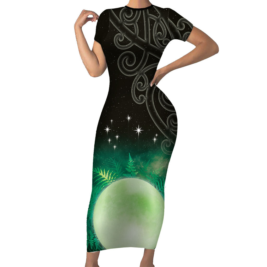 New Zealand Matariki Short Sleeve Bodycon Dress Pleiades Star Cluster Green Galaxy LT05 Long Dress Green - Polynesian Pride
