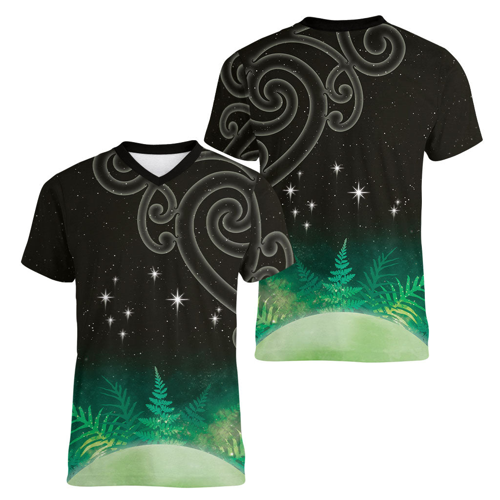 New Zealand Matariki Women V-Neck T-Shirt Pleiades Star Cluster Green Galaxy