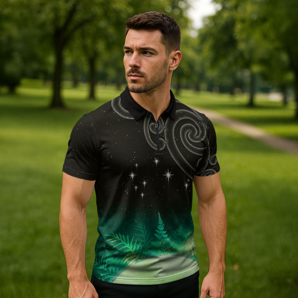 New Zealand Matariki Zipper Polo Shirt Pleiades Star Cluster Green Galaxy LT05 - Polynesian Pride
