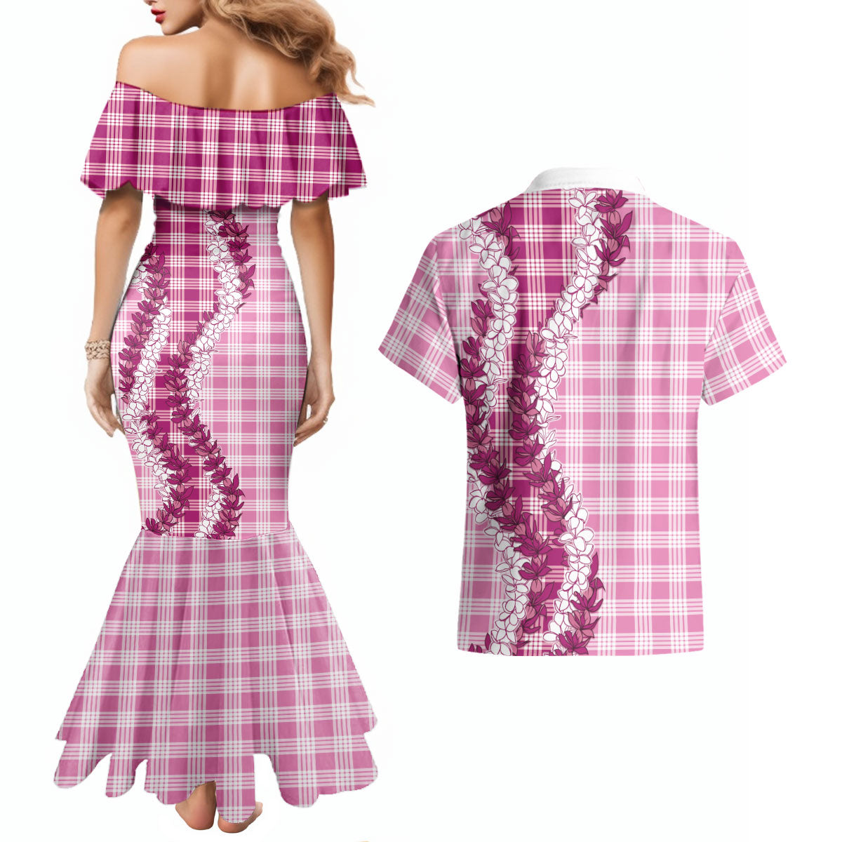 Pink Hawaii Palaka Couples Matching Mermaid Dress and Hawaiian Shirt Hawaiian Honohono Lei