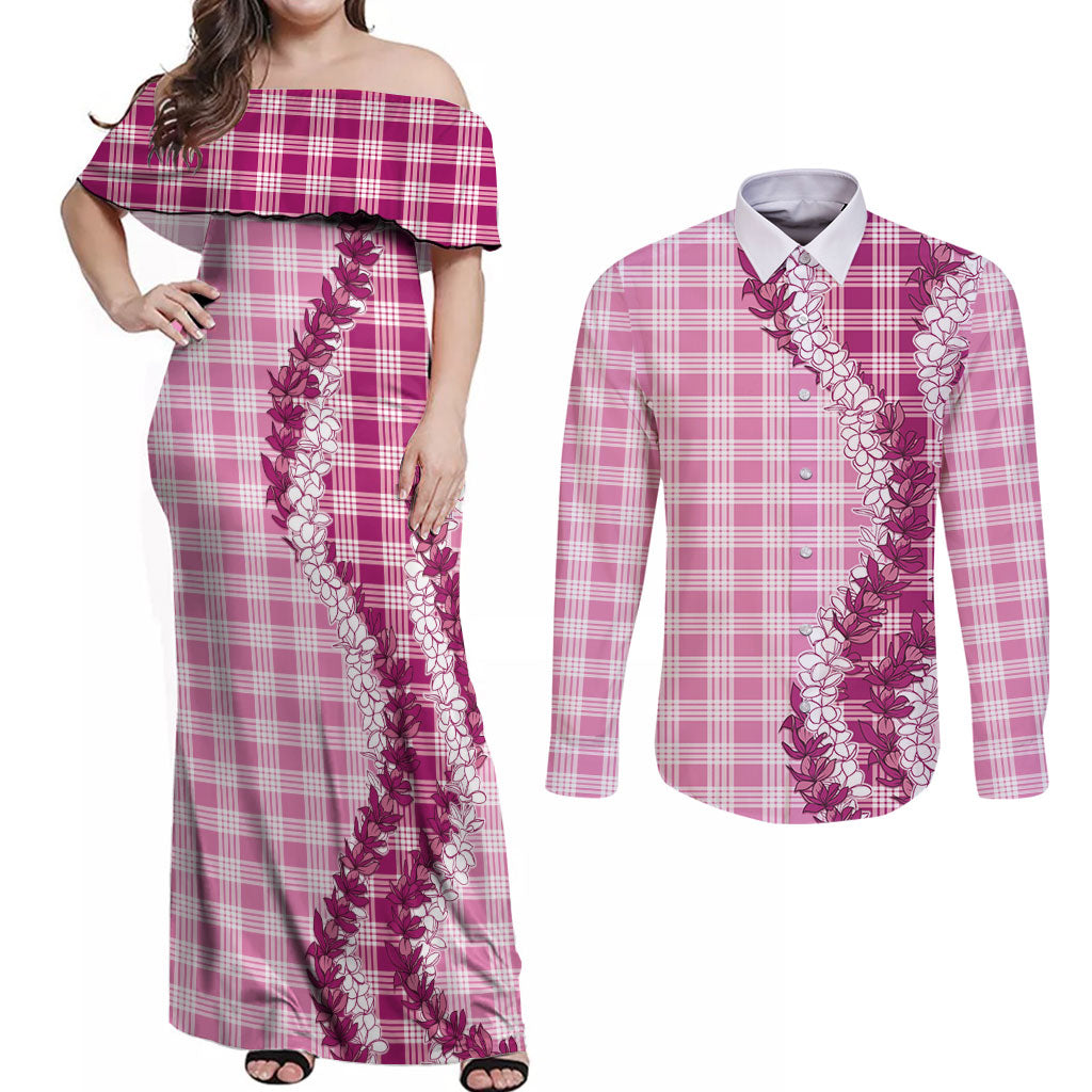 Pink Hawaii Palaka Couples Matching Off Shoulder Maxi Dress and Long Sleeve Button Shirt Hawaiian Honohono Lei LT05 Pink - Polynesian Pride