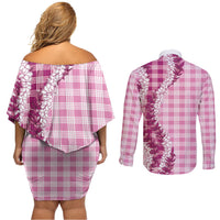 Pink Hawaii Palaka Couples Matching Off Shoulder Short Dress and Long Sleeve Button Shirt Hawaiian Honohono Lei LT05 - Polynesian Pride
