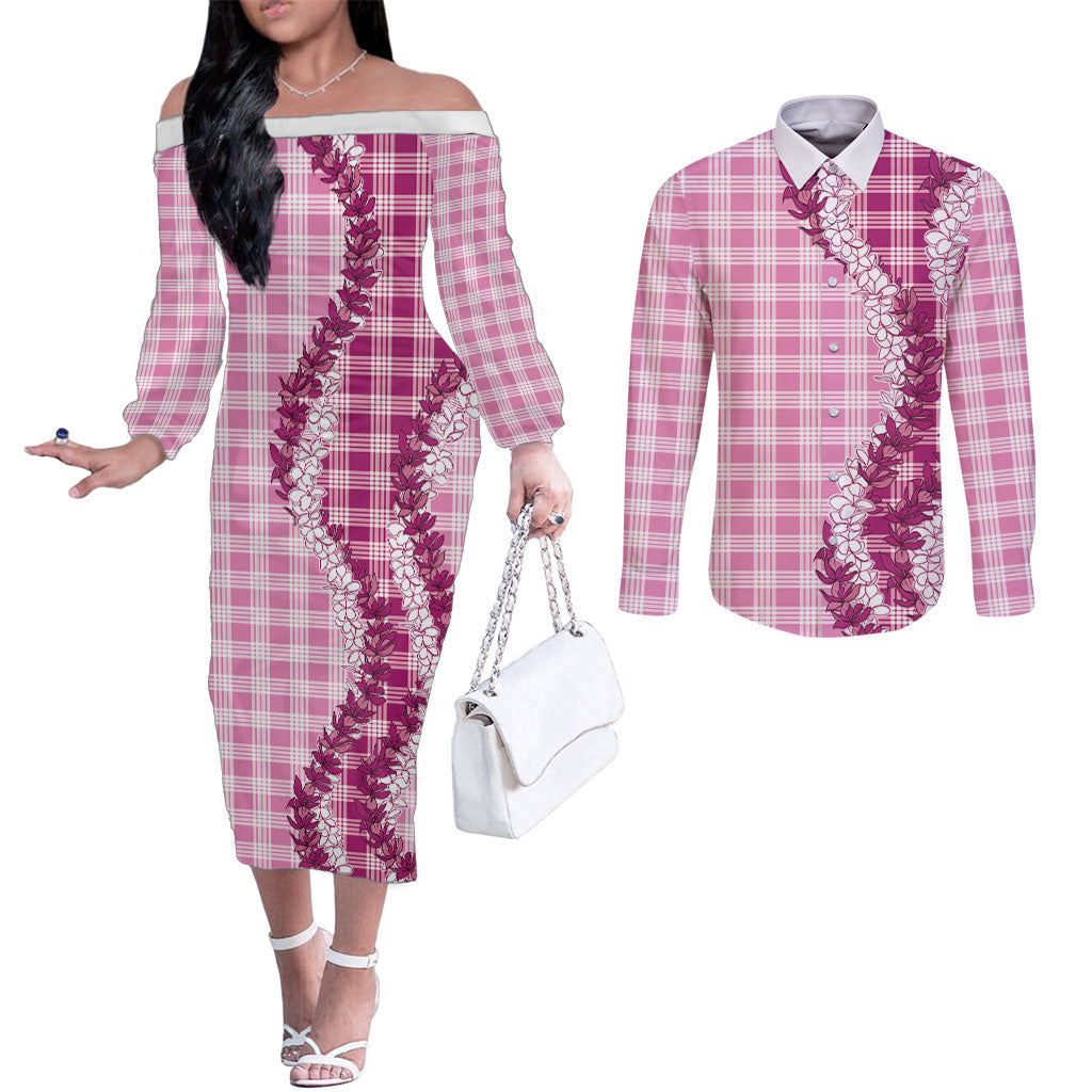 Pink Hawaii Palaka Couples Matching Off The Shoulder Long Sleeve Dress and Long Sleeve Button Shirt Hawaiian Honohono Lei LT05 Pink - Polynesian Pride