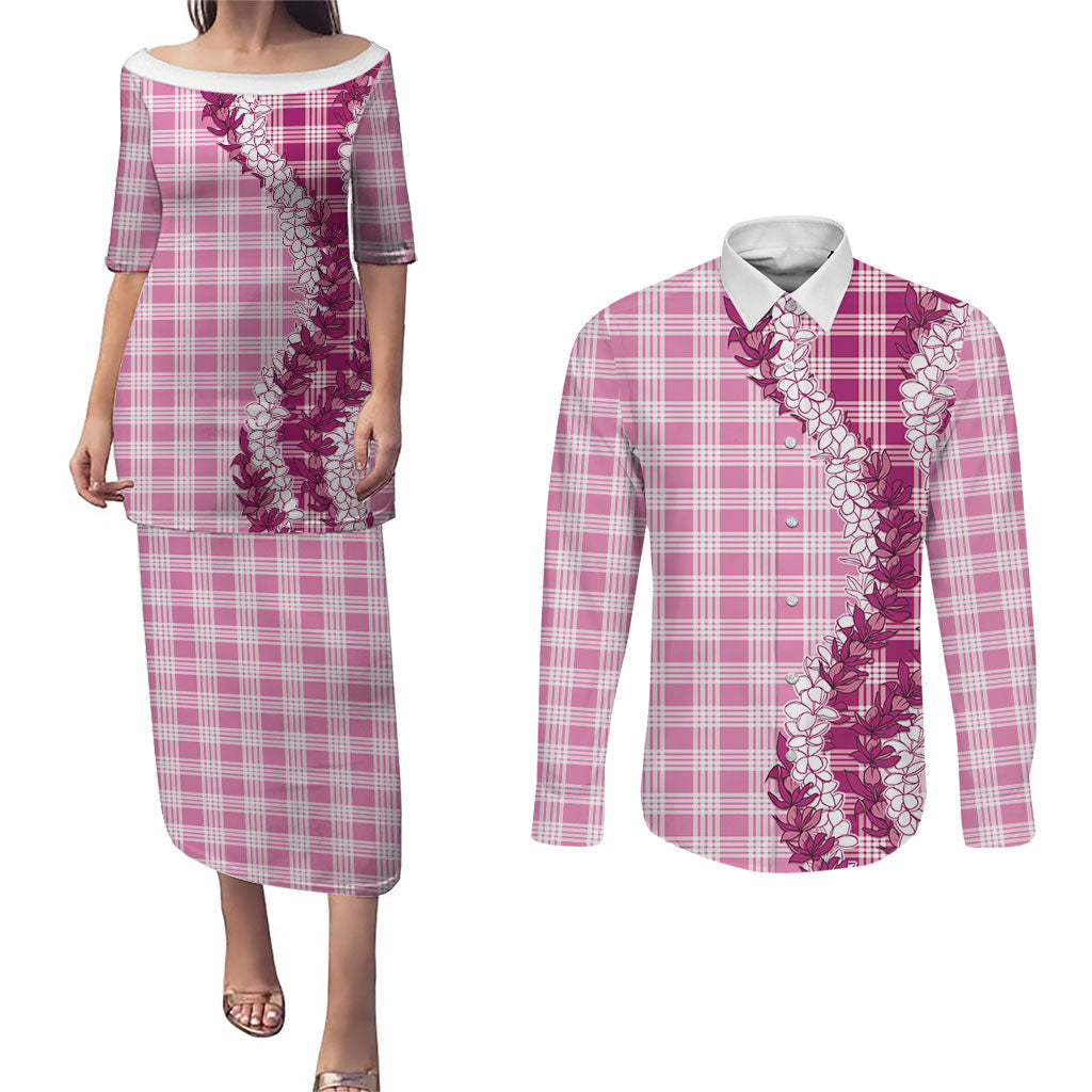 Pink Hawaii Palaka Couples Matching Puletasi and Long Sleeve Button Shirt Hawaiian Honohono Lei LT05 Pink - Polynesian Pride