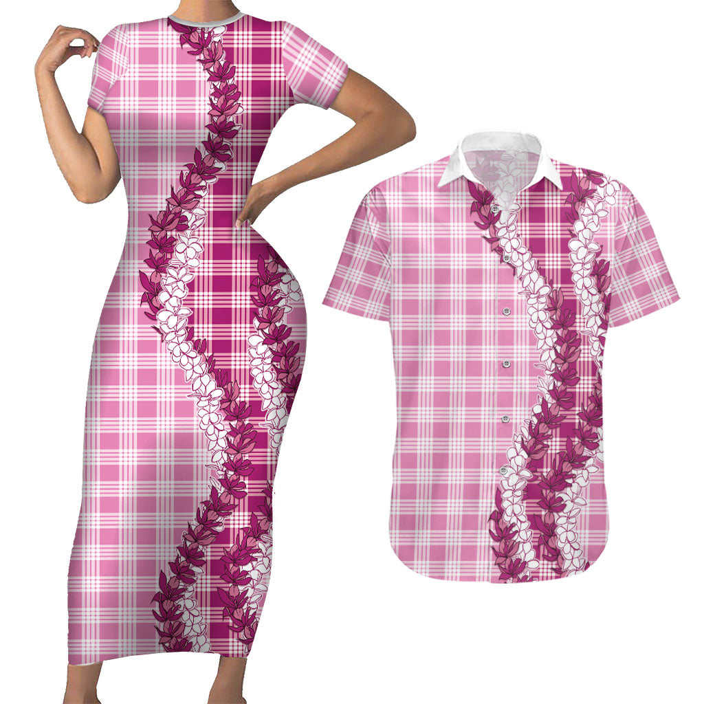 Pink Hawaii Palaka Couples Matching Short Sleeve Bodycon Dress and Hawaiian Shirt Hawaiian Honohono Lei