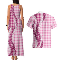 Pink Hawaii Palaka Couples Matching Tank Maxi Dress and Hawaiian Shirt Hawaiian Honohono Lei