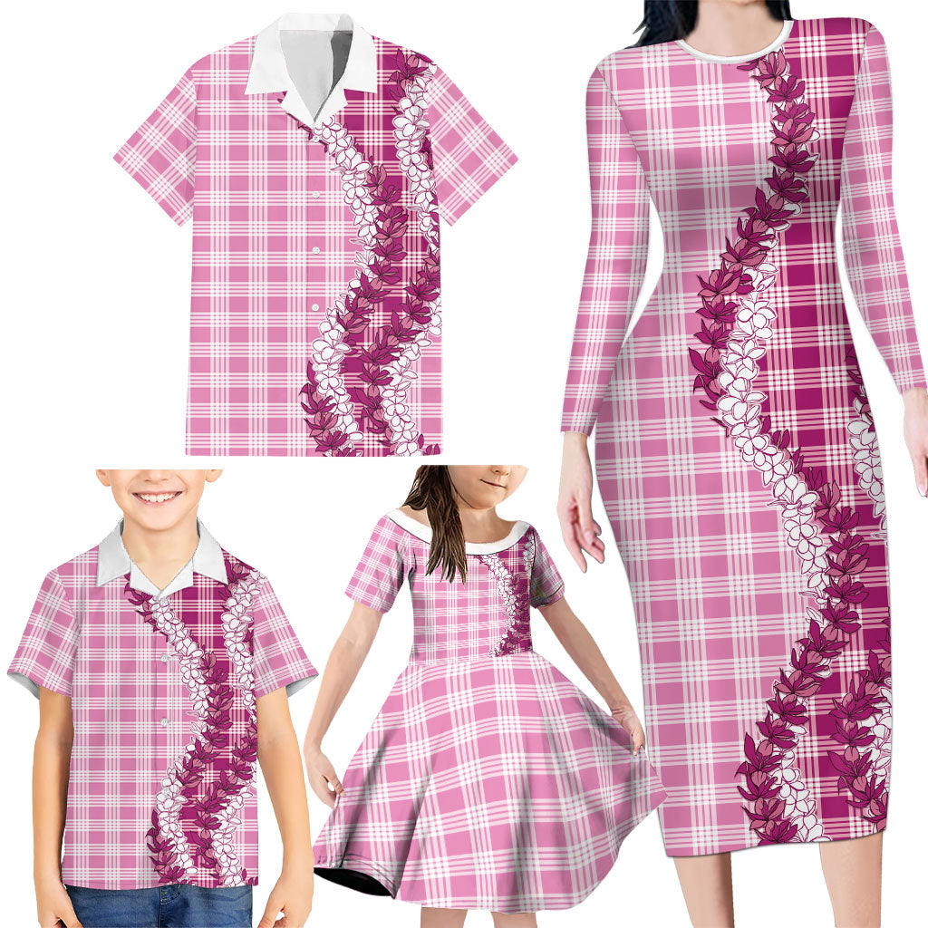 Pink Hawaii Palaka Family Matching Long Sleeve Bodycon Dress and Hawaiian Shirt Hawaiian Honohono Lei LT05 - Polynesian Pride